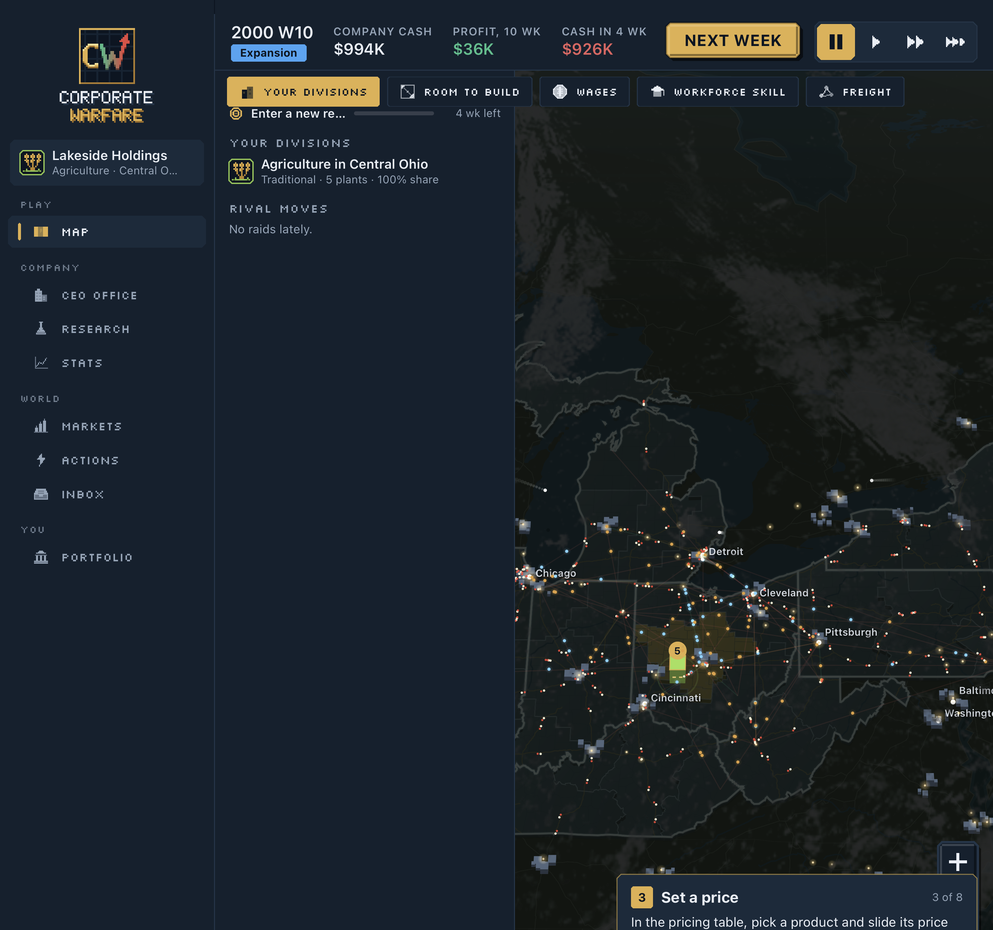 The Map screen on the Great Lakes scenario with a division selected in the left panel.