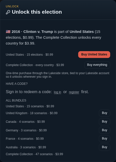 The Unlock this election dialog for a locked election, with buy options, the sign in prompt for redeeming a code and the full bundle list.