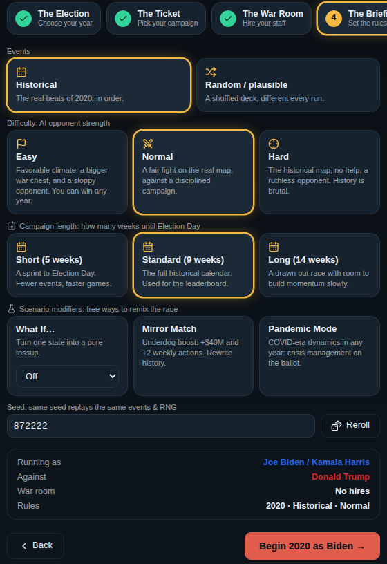 The Briefing step of the setup wizard with event mode, difficulty and campaign length options and the Begin button.