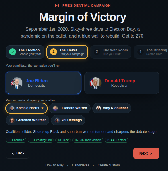 The Ticket step of the setup wizard with Joe Biden selected and Kamala Harris as running mate.