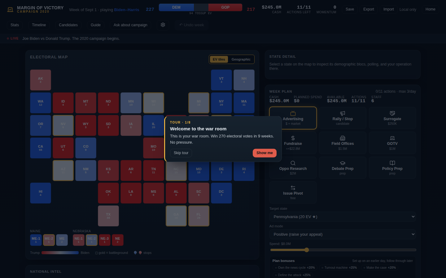 The first week planning screen with the tutorial overlay open on its first step.